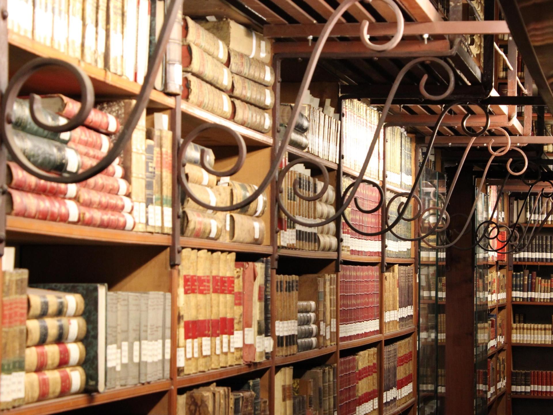 Estanterías con libros y volutas decorativas