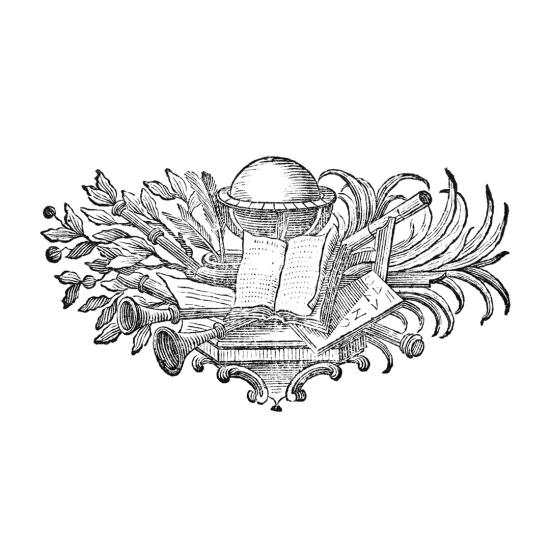 Decoración en base a motivos vegetales, libros y representación de un planeta