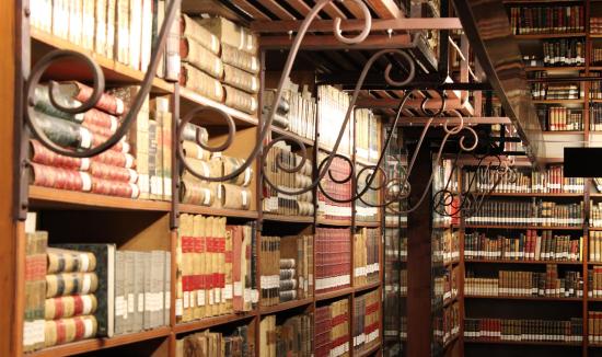 Estanterías con libros y volutas decorativas