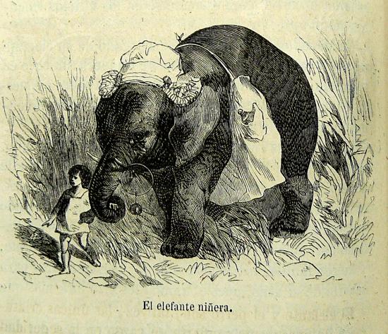 Imagen de un elefante con un niño extraída de un libro de la Biblioteca Patrimonial